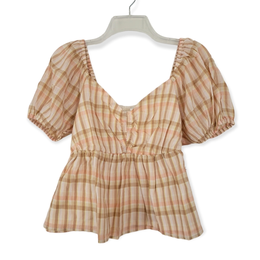 BP Plaid Sweetheart Neck Peplum Babydoll Top - Picture 4 of 7